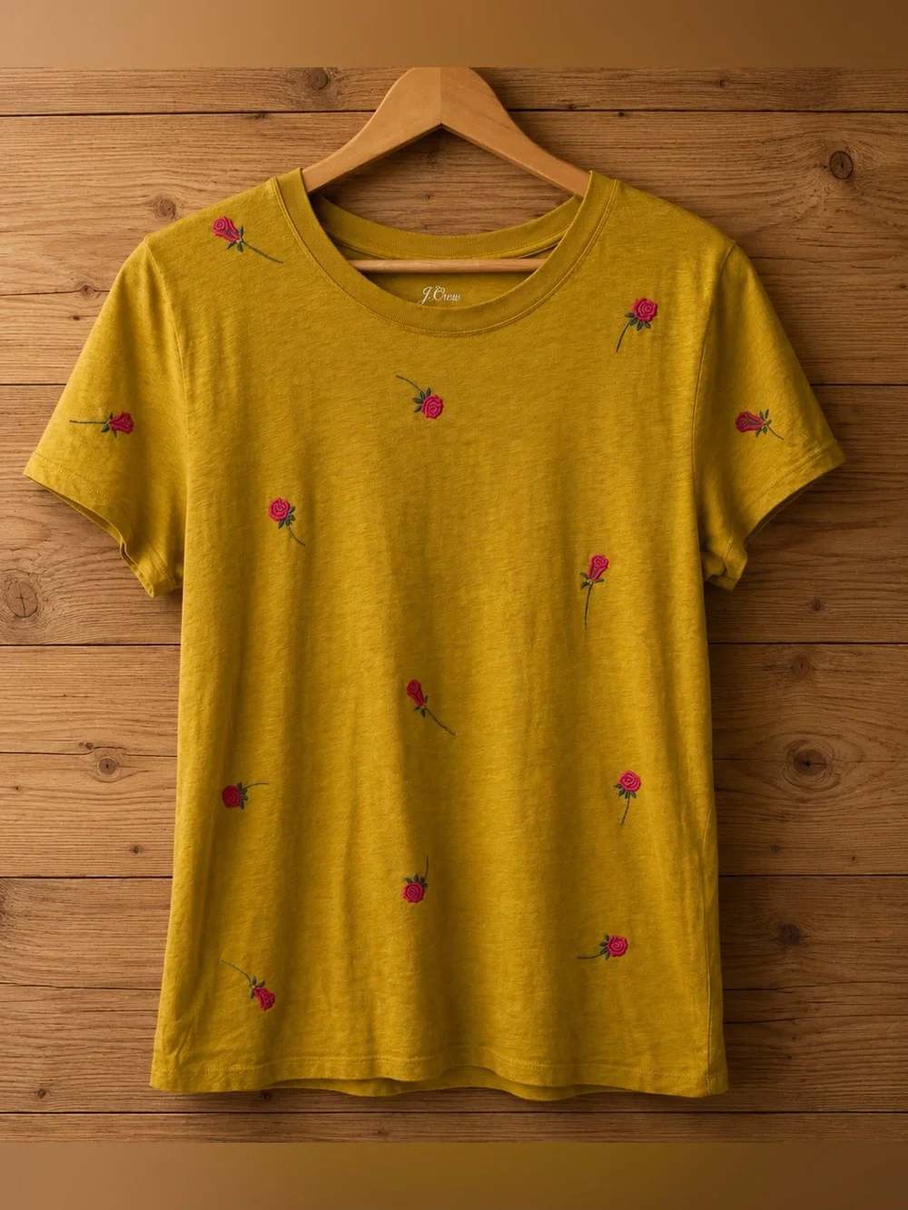 J. Crew Mustard Yellow Short Sleeve Tee with Pink Floral Embroidery